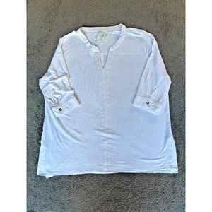 Lyssé Tunic Top Women's 2X White Linen Stretch Quartet Sleeve Center Seam V-Neck